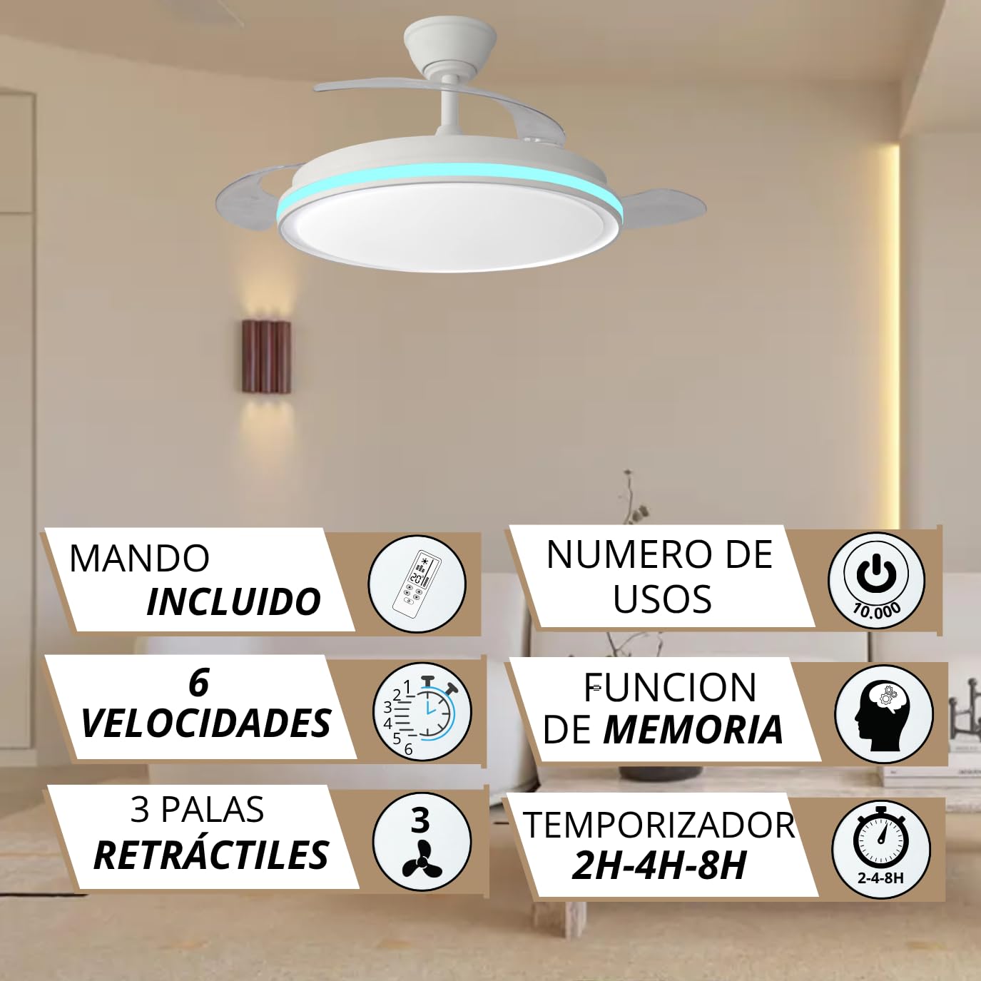 NARVI Ventilador de Techo Blanco con Luz LED Regulable, Motor DC Silencioso de Bajo Consumo, Lámpara Ventilador con Mando a Distancia, 3 Aspas Retráctiles, Función Invierno Verano, SEÚL 8935 WH