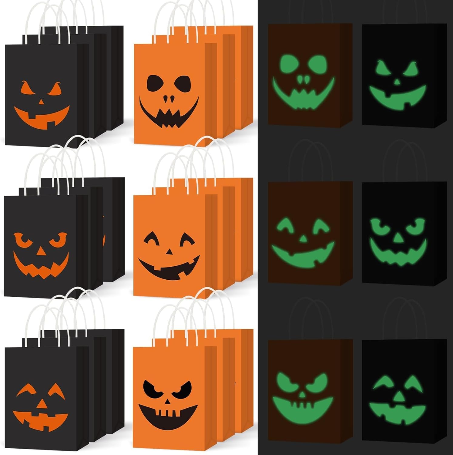 SAYAYA 36 Pcs Halloween Kraft Paper Treat Bags Glow in The Dark Pumpkin Paper Gift Bags with Handles for Trick or Treat Goody Gift Halloween Party Favors Supplies