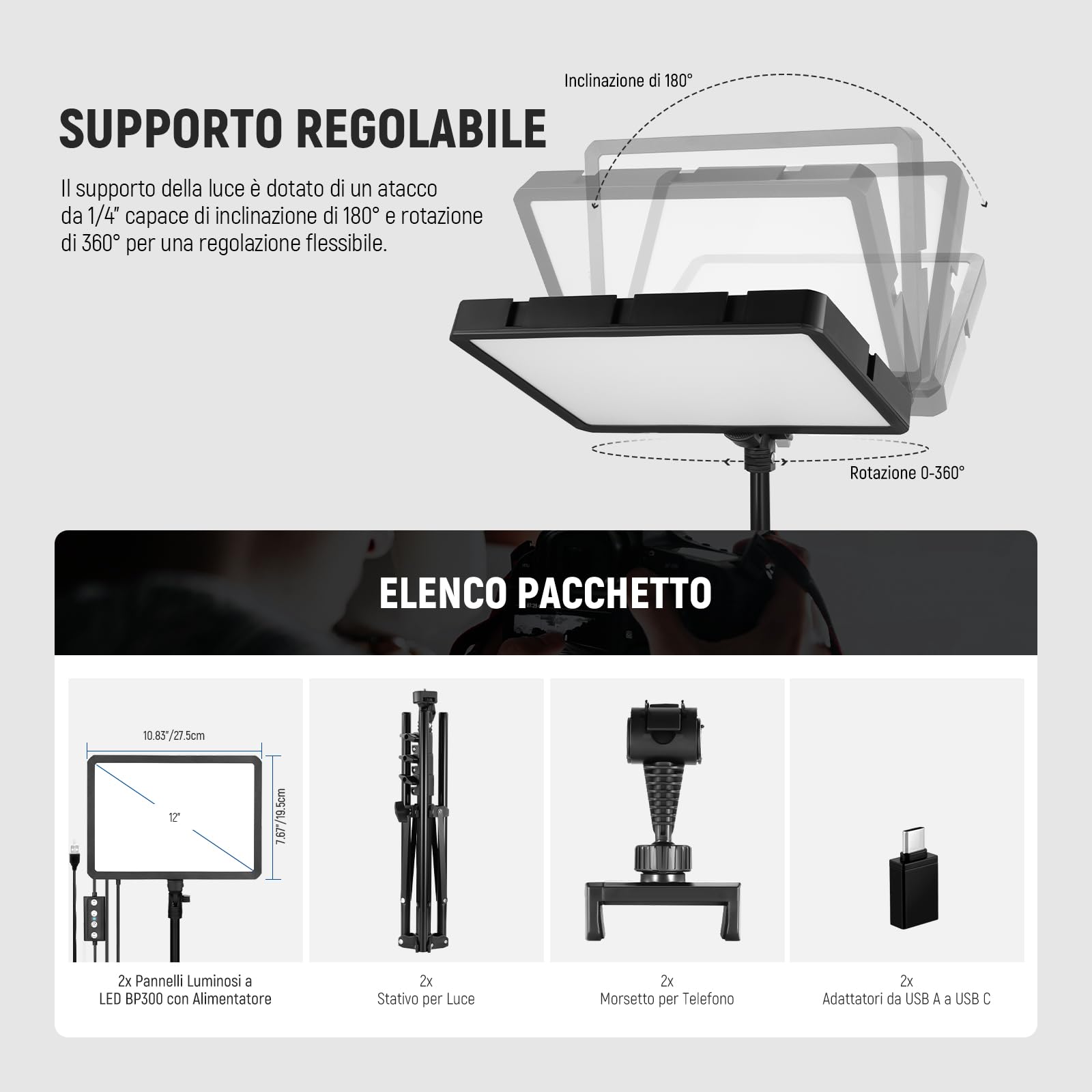 NEEWER Basics 2pz Luci Fotografiche a Pannello LED con Stativi 59''/Porta Telefono, Luce da Studio in Plastica Dimmerabile 2700-6500K 850Lux per Foto Video Film Streaming Live, Senza Adattatore,BP300