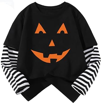 Kids Halloween Shirt Boys Girls Pumpkin Face Skeleton Ghost T-Shirt Glow in The Dark Long Sleeve Cotton Crewneck Tee