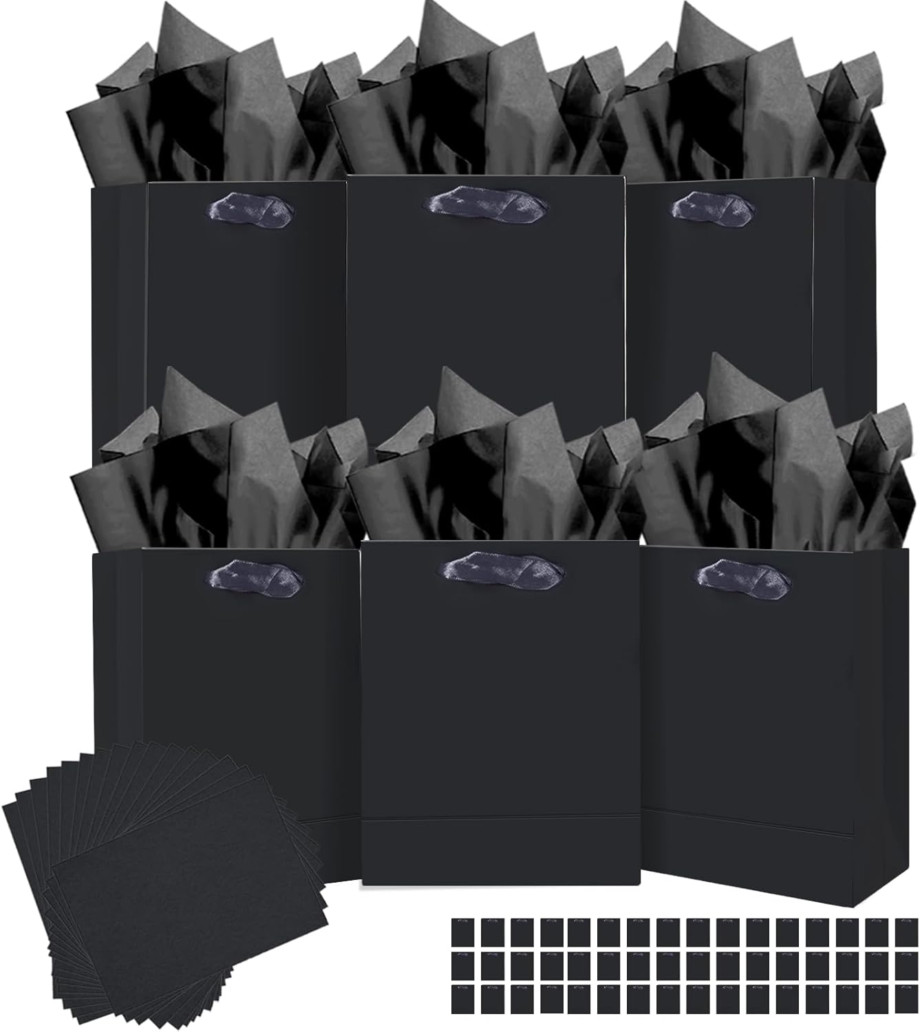 qiqee 48PCS Black Medium Gift Bags with Tissue Paper Handles 10.6"x8.3"x4.3" Medium Size Present Party Favor （48pcs Bags,Tissue Paper ）