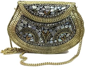 Shakuntala Vintage Clutch - Metal Mosaic Stone & Shell Design Purse - Handmade Women's Handbag