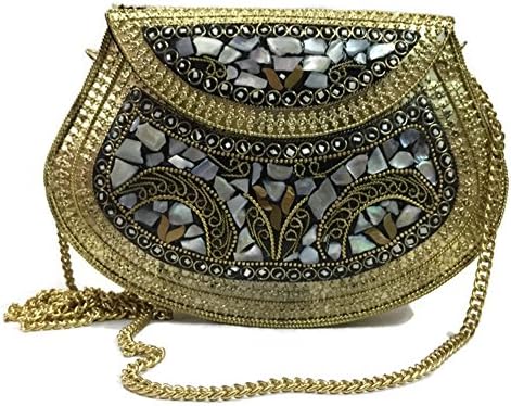Shakuntala Vintage Clutch - Metal Mosaic Stone & Shell Design Purse - Handmade Women's Handbag