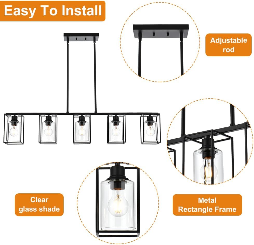 5 Light Industrial Kitchen Island Pendant Lighting,Indoor Matte Black Finish with Clear Glass Cage Shade Farmhouse Dining Room Chandelier Hanging Ceiling Light Fixture Adjustable Height