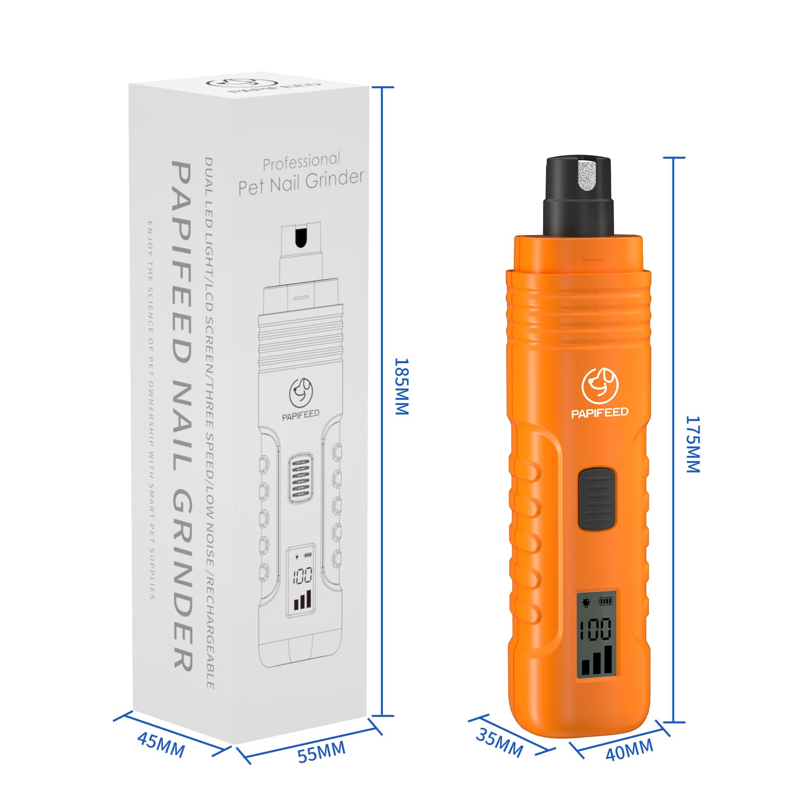 PAPIFFEED Dog Nail Grinder with LCD Display – Quiet Electric Nail Trimmer with Dual LED Light, Safe for Black & Thick Nails, Rechargeable for Small Medium Large Dogs & Cats (Orange) - image 8