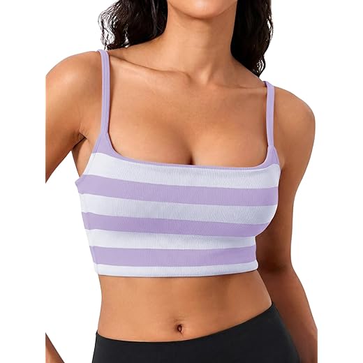 Aoysky Womens Striped Square Neck Sports Bras Spaghetti Straps Ribbed Padded Low Impact Yoga Workout Camisole