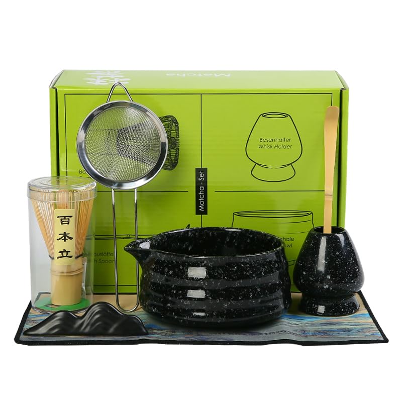 Matcha Set Matcha Whisk Matcha Bowl With Water Ladle Matcha Whisk Holder Tea Making Kit.Japanese Tea Set(7pcs)+1Spoon?Celadon Blue gift set… (Black spots)