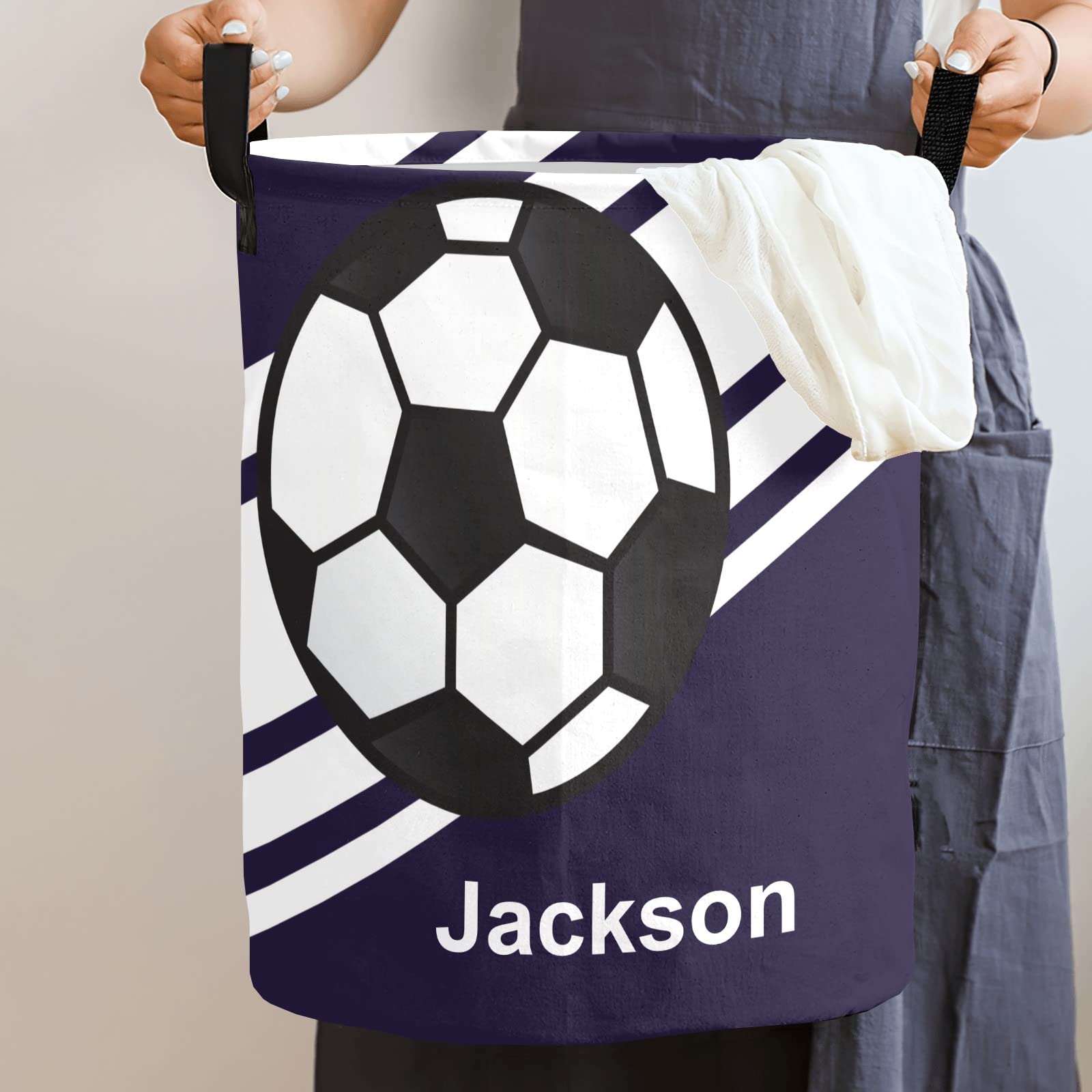 Grandkli Soccer Ball Personalized Freestanding Laundry Hamper, Custom Waterproof Collapsible Drawstring Basket Storage Bins with Handle for Clothes, Toy, 50cm x 36cm