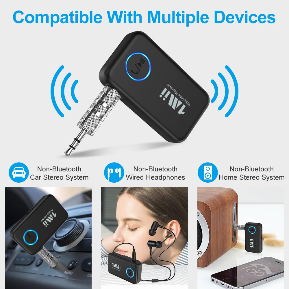1Mii Bluetooth 5.3 Music Receiver for Car/Home Stereo, Aux Bluetooth Adapter for Car with Volume Control Supports Hands Free Calls, 16H Battery Life