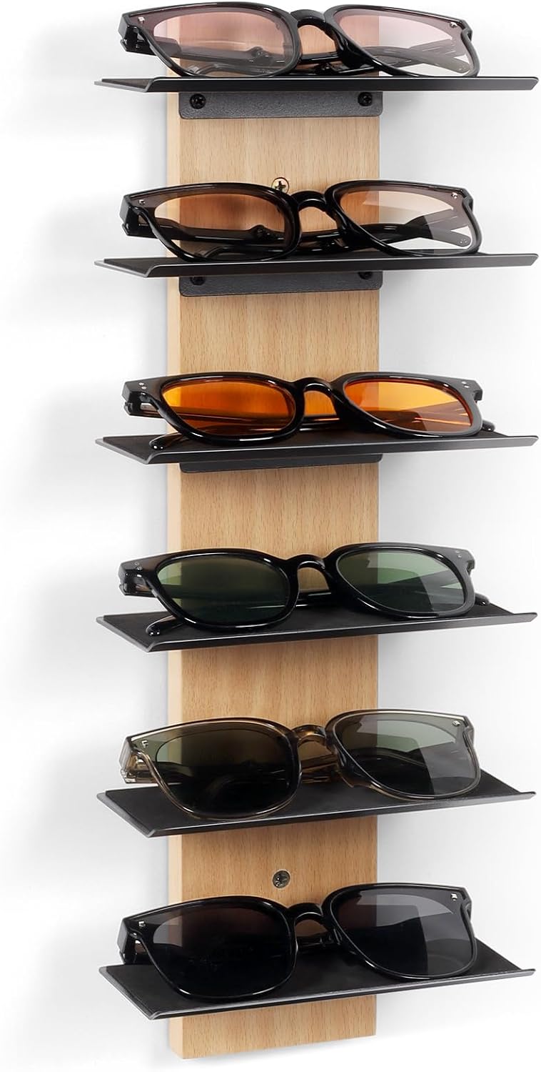 SEKSON Sunglasses Organizer for Wall, Solid Wood Sunglass Holder Display Rack, 6 Tier Eyeglasses Storage Shelf for Entryway, Living Room, Retail Showcase (1 Pack)