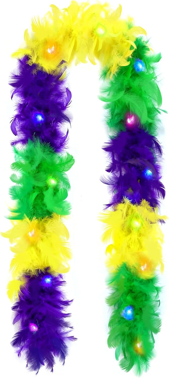 6 Ft Light Up Feather Boa for Party Mardi Gras Halloween Costume Christmas Tree and Home Decoration