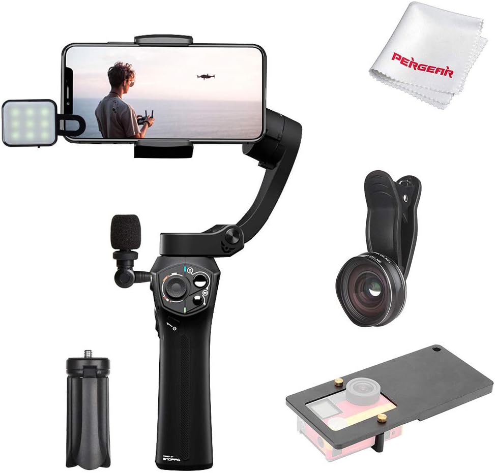 Atom 3 Axis Foldable Gimbal for Smartphone & GoPro Hero 4 5 6, Wireless Charging, Built-in Mic Jack, One-Key Switch V/H Orientation, 310g Payload, with Rich Accessory & Pergear Cloth, Black