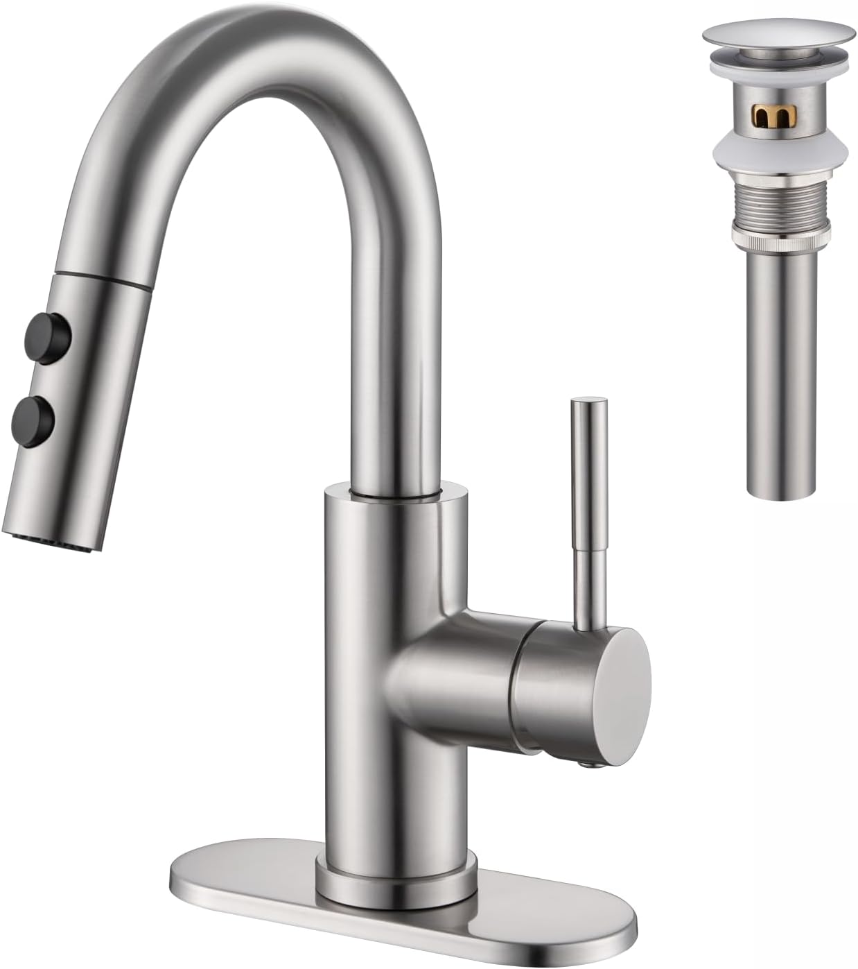 Kablle Bathroom Sink Faucet with Pull Down Sprayer, Brushed Nickel Single Handle Pull Out Faucet with Pop-Up Drain, 1 or 3 Hole Laundry Bar Basin Faucet with Deck Plate, KBL-7002BN-CL