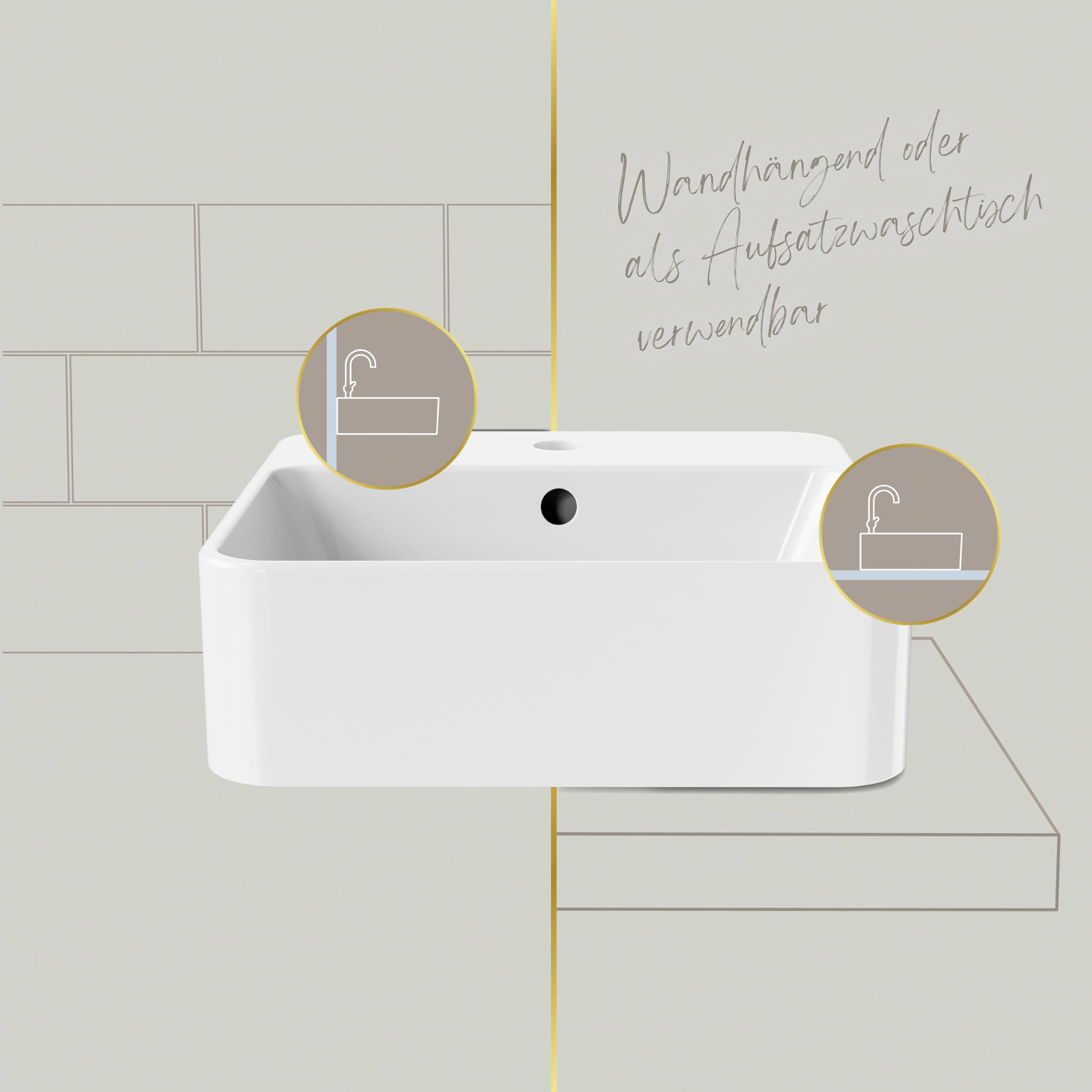 Lenz Handwaschbecken VALEA für Gäste-WCs und kleine Bäder – 40 cm x 38,5 cm – Wandhängend oder als Aufsatzwaschtisch – Superglatte KeepClean Oberfläche – Mit Überlauf, Weiß, 41010161