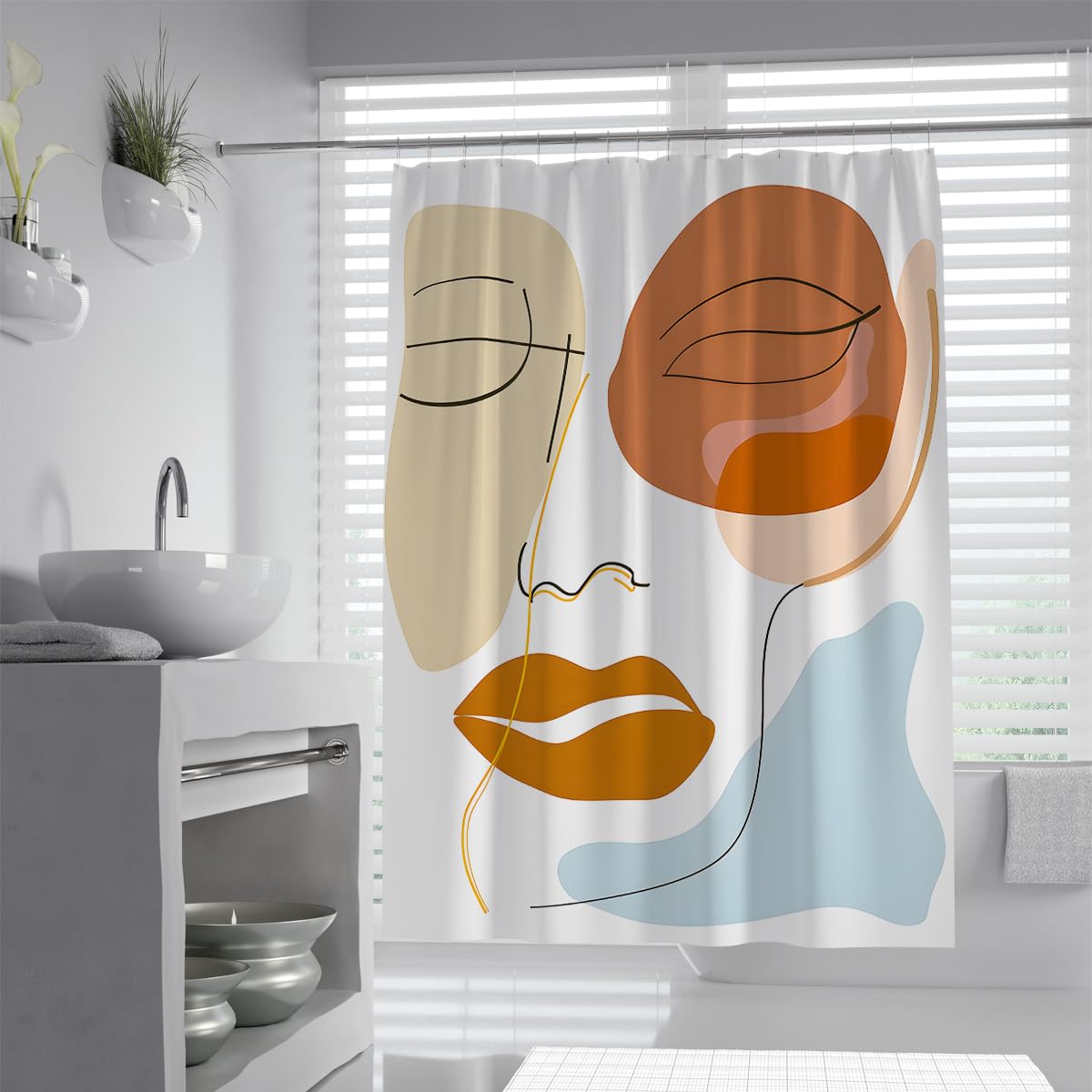 Uiringart Shower Curtains Terracotta Blue Abstract Geometric Face W180xl200cm Nordic Boho Anti Mould Waterproof Walk In Shower Bath Decoration With Hook