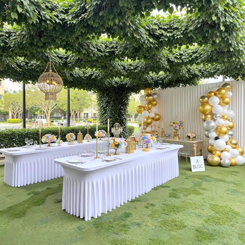 Image of 12 pk White Spandex Table Cloth Rectangle 8ft with Ruffle Skirt,Wrinkle Free High-Stretch Fitted Tablecloths for 8 Foot Rectangle Tables,Elastic Spandex Table Covers 8 ft for Parties Weddings Banquet