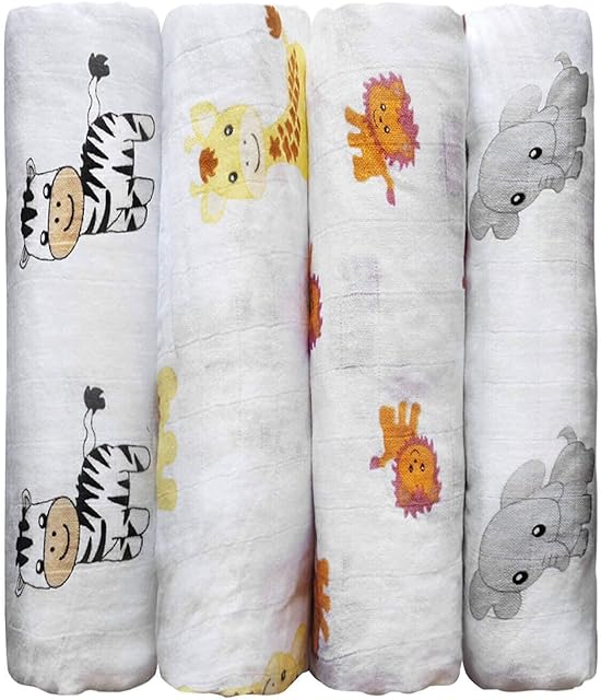 Muslin Baby Swaddle Blankets for Boys and Girls 0 to 3 Months - Large 4 x 4 Feet Unisex Premium Muslin Cotton Baby Blankets - 4 Pack (Safari Friends)