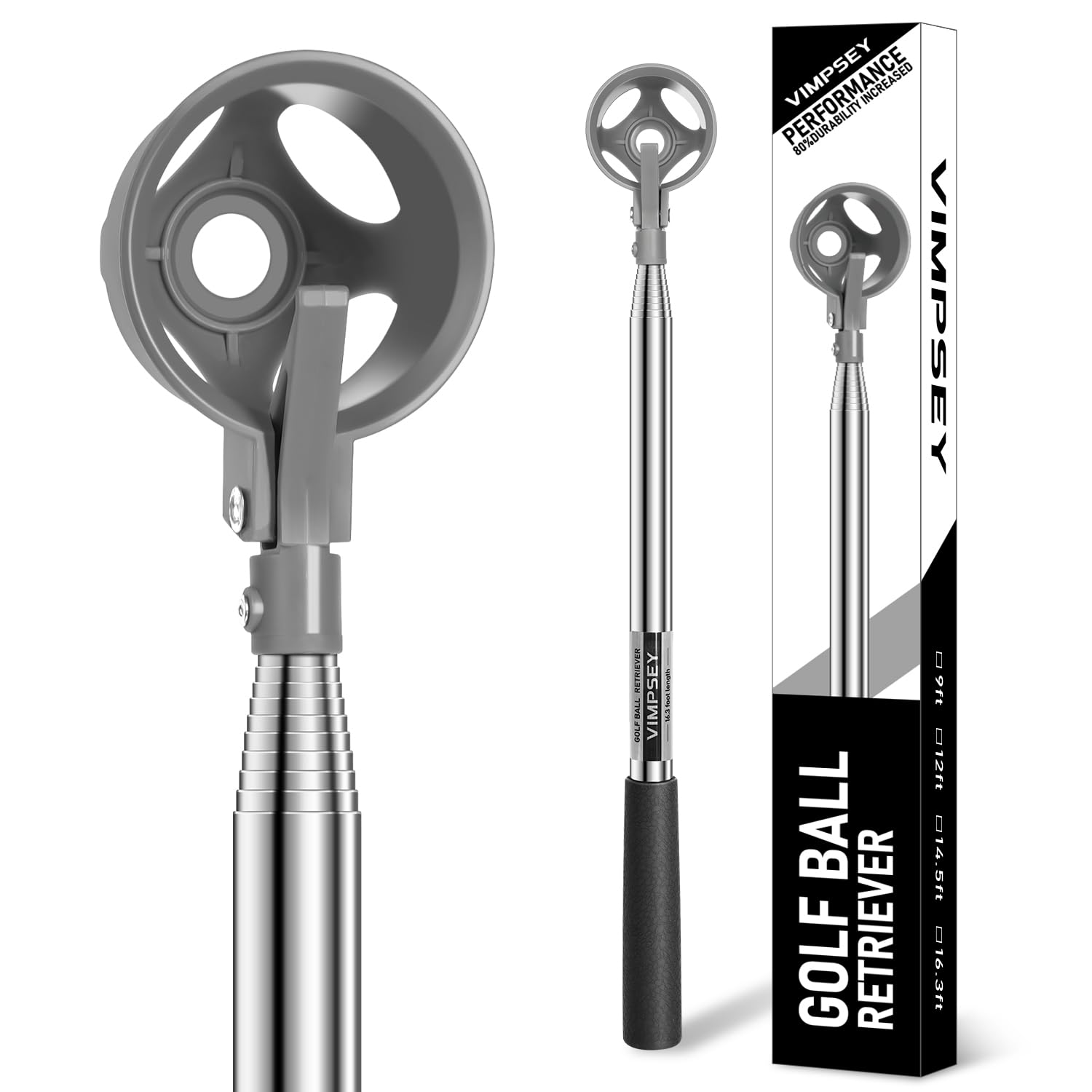 VIMPSEY 9Ft/12Ft/16.3Ft/20Ft Golf Ball Retriever for Water Telescopic, Stainless Steel Ball Retriever Tool Golf Ball Grabber (12Ft)