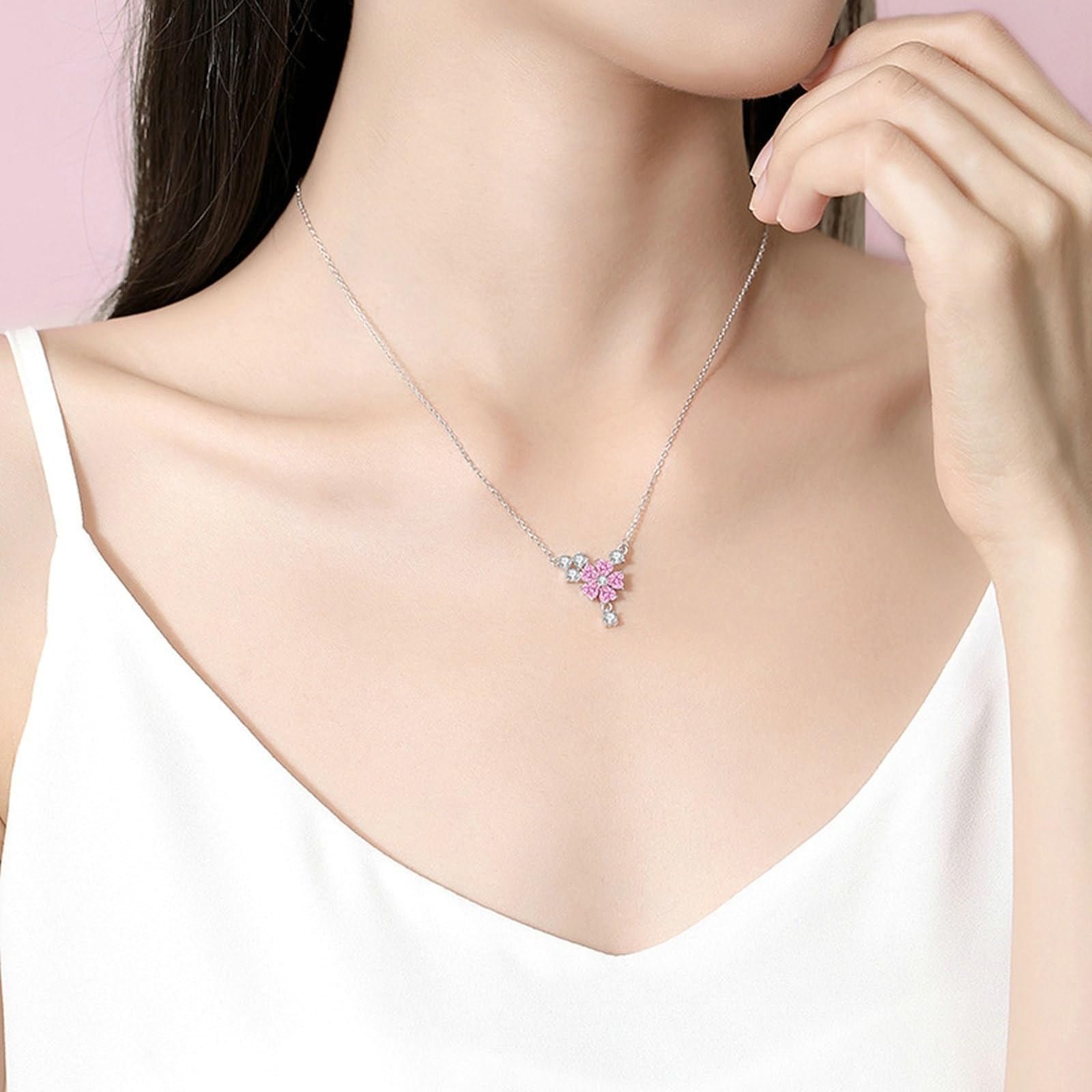 Collar de oro de 9 quilates con zafiro rosa creado en laboratorio y moissanita para mujer, collar de oro blanco para mujer, flores