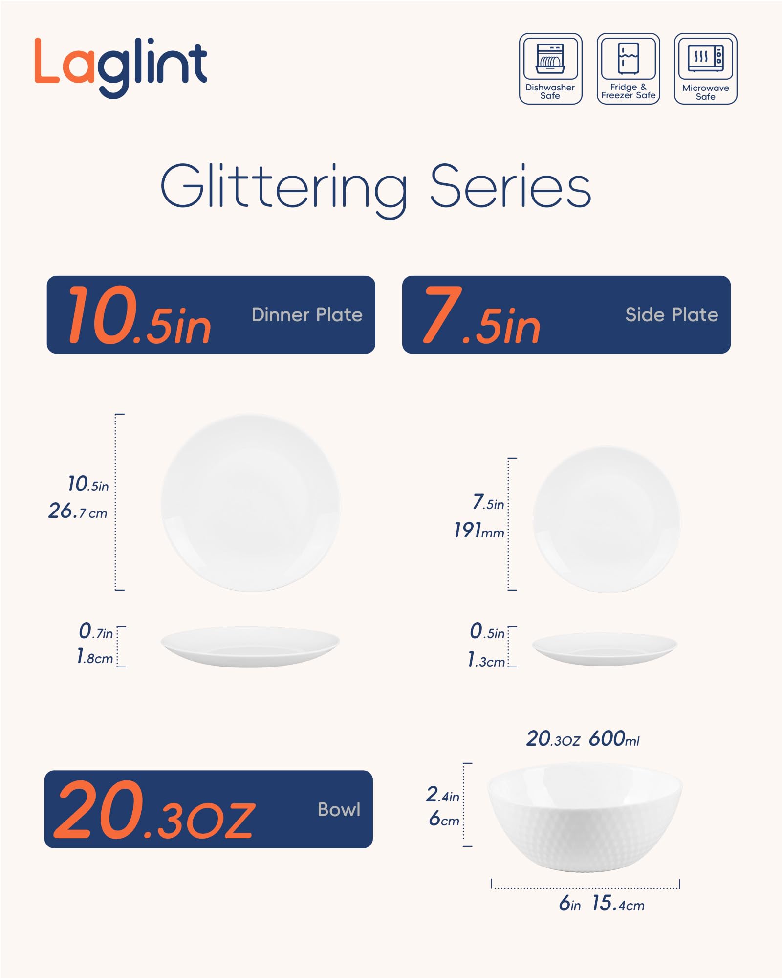 LaGlint 12-teiliges Geschirrset aus Opalglas mit Rillenoptik, Weiß | Kombiservice für 4 Personen, leichtes und robustes Geschirr, mikrowellen- und spülmaschinengeeignet mit Facettendesign