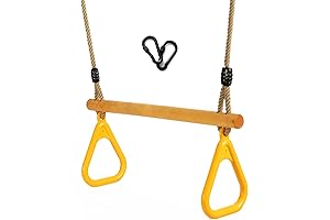 Wooden Trapeze Bar with Adjustable Climbing Rope and Plastic Gymnastic Rings