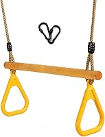 YAERSI Wooden Trapeze Swing Bar with Plastic Gym Rings - Adjustable Hemp Rope, 2-in-1 Indoor/Outdoor Kids Playground Swing Set, Yellow
