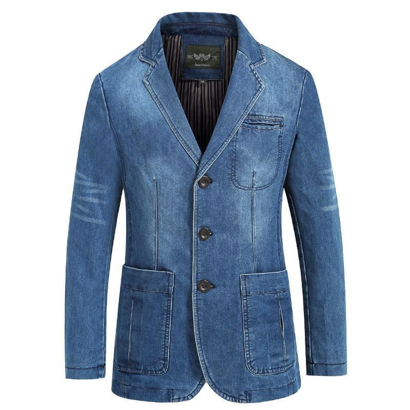 Blazer pour Hommes Coupe Régulière Veste en Jean Vieilli Col Cranté Classique Veste De Costume en Jean À Deux Boutons Manteau De Sport Décontracté Smoking avec Poche