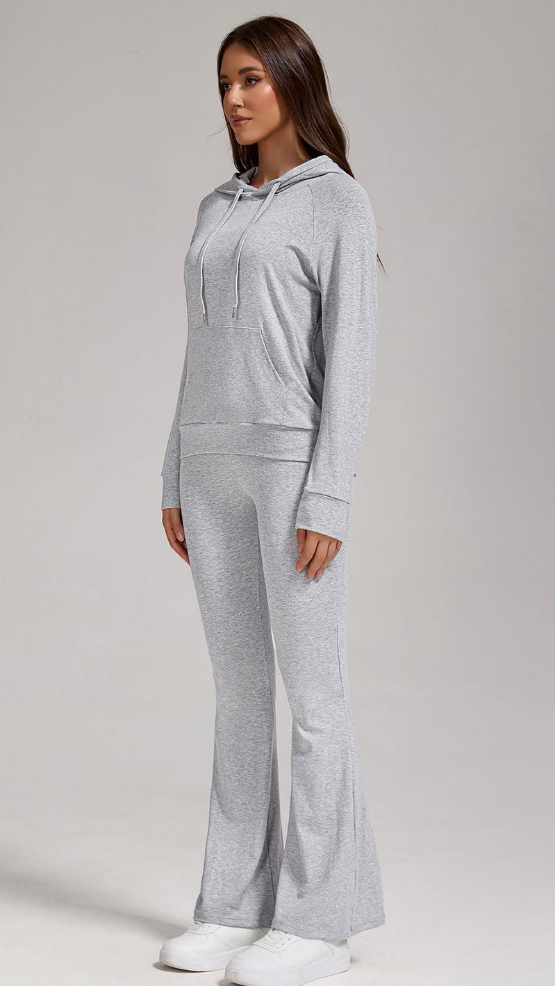 YETOWA Elegante tuta da donna in 2 pezzi, felpa con cappuccio e pantaloni svasati, perfetti per abbigliamento casual attivo