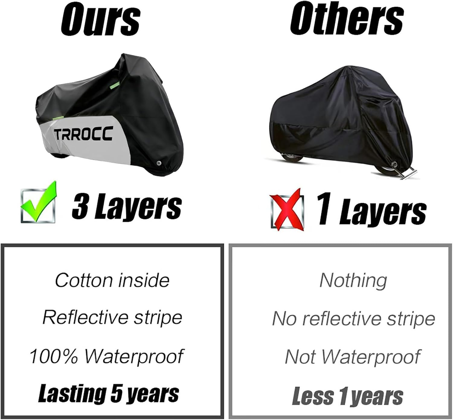 300D Heavy Duty Motorcycle Cover Waterproof Outdoor, Quad Cover for BMW, Harley, Yamaha, Lined with Cotton, Touring, Sportbike, Scooter, Powersports Vehicle Covers, L Black & Silver