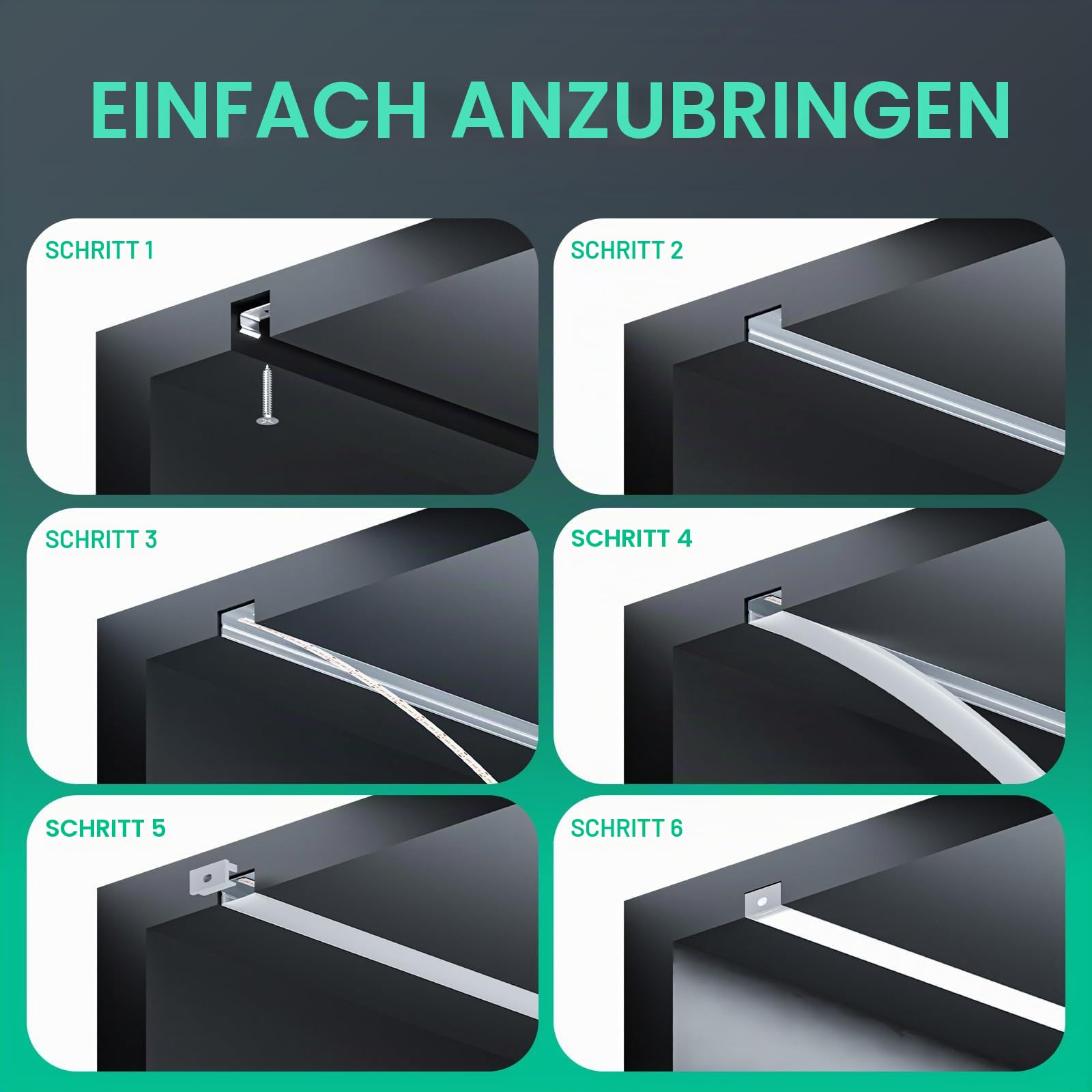 LED Aluminiumprofil U-Form 2m x 6, mit milchiger Abdeckung, für Led Streifen bis 10mm / 12mm/ 15mm /16mm, LED Schiene für Decke & Trockenbau indirekte Beleuchtung, inkl. Endkappen & Metallclips
