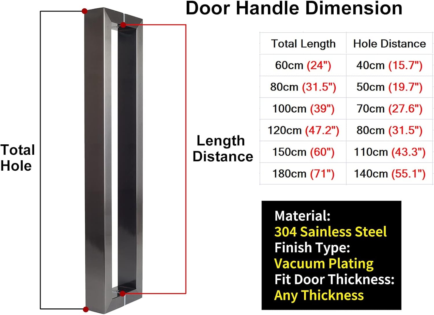 Door Handle Heavy Duty Door Pull with Install Fitting,Solid Double Sided Commercial Door Handle Modern Doors Handle Set for Wood Glass Metal Doors (Bright Black 60cm/23.6in)