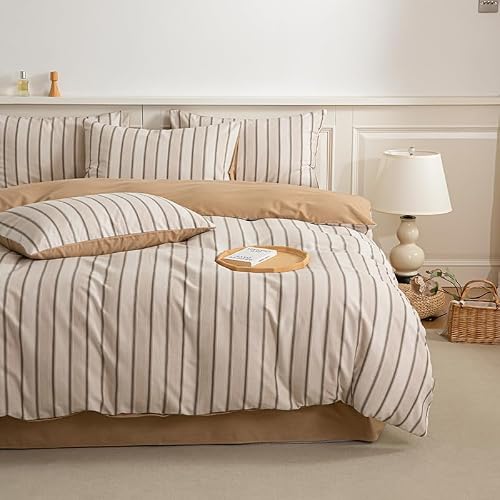 BISELINA Brushed Cotton Duvet Cover Queen Size – Minimalist Striped Bedding Set, Soft & Warm Neutral Duvet Cover for Fall Winter, 3 Pieces