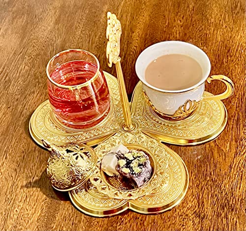 Turkish Tea Coffee Set with a Glass, Saucer and Dessert cave, Gift Set Heart Shaped 3 in 1 Coffee Tea Dessert Set 5.75