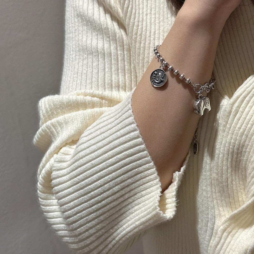 Armband Damen Silber,S925 Silber Armband Silber Elefant Anhänger Silber Perlen Spleißen Silber Armband Armreif Mit Verstellbarer Silberkette Glücksschmuck Für Frauen