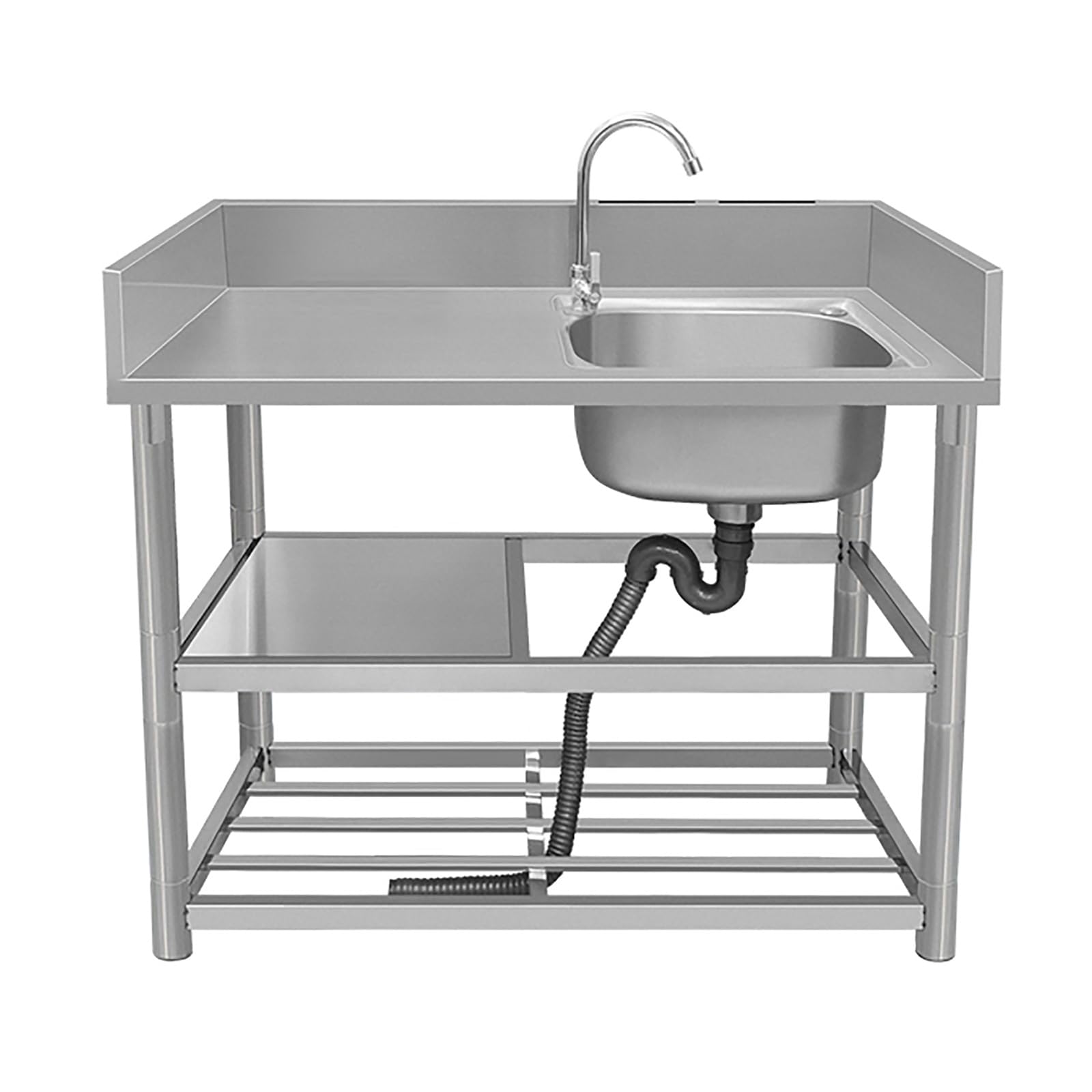 ZQFHSX Commercial Stainless Steel Kitchen Sink - Single Bowl 304 with Faucet Storage Shelves & Drainer Unit Ideal for Outdoor/Indoor Restaurants Food Prep Workstations