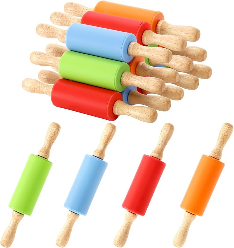 SOUJOY 12 Pack Mini Rolling Pin, 9 Inch Small Dough Roller with Wood Handle, Silicone Dough Rolling Pin for Kids Craft Kitchen Dough Cookie Pastry Fondant Cake, 4 Colors