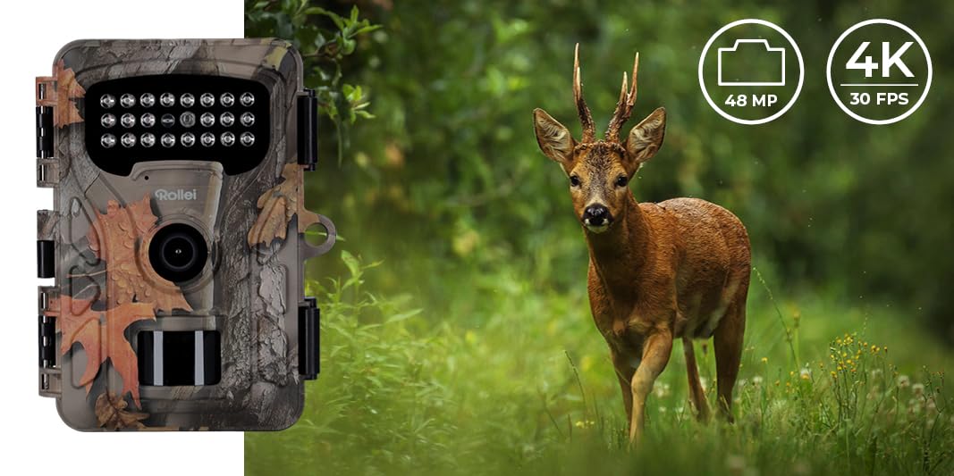 Rollei Kamera do obserwacji dzikich zwierząt HD-30, 48 MP, 4K, z czujnikiem ruchu, widoczność w nocy, kamera na podczerwień z akumulatorem i wyświetlaczem IPS 2", czas wyzwalania 0,4 s, IP54, kamera
