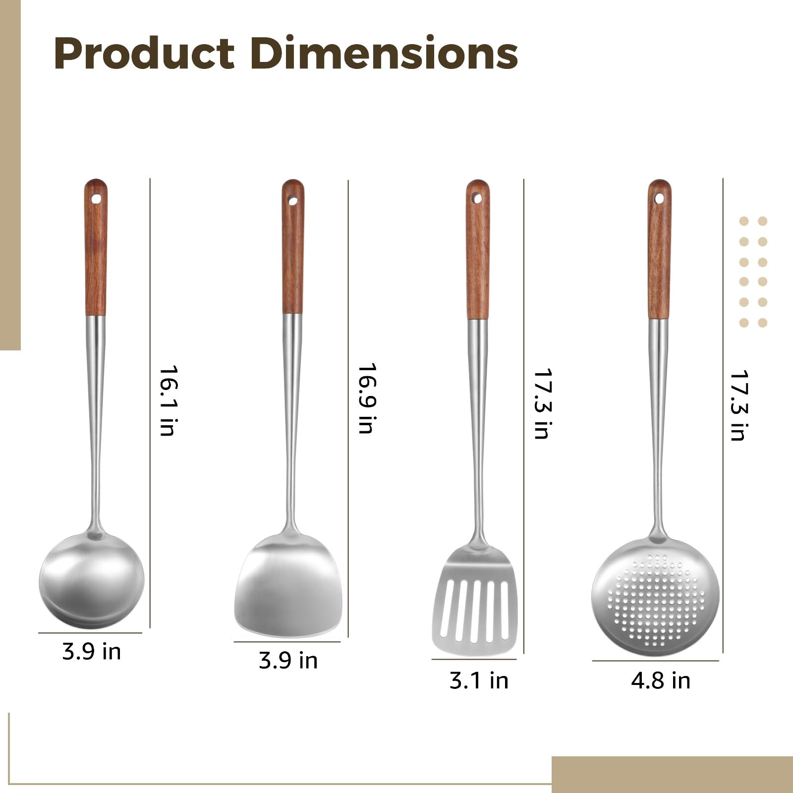 Set de 4 ustensiles pour wok en acier inoxydable, spatule, louche, écumoire et spatule ajourée, poignées en bois isolantes, pour cuisson au wok, faciles à nettoyer