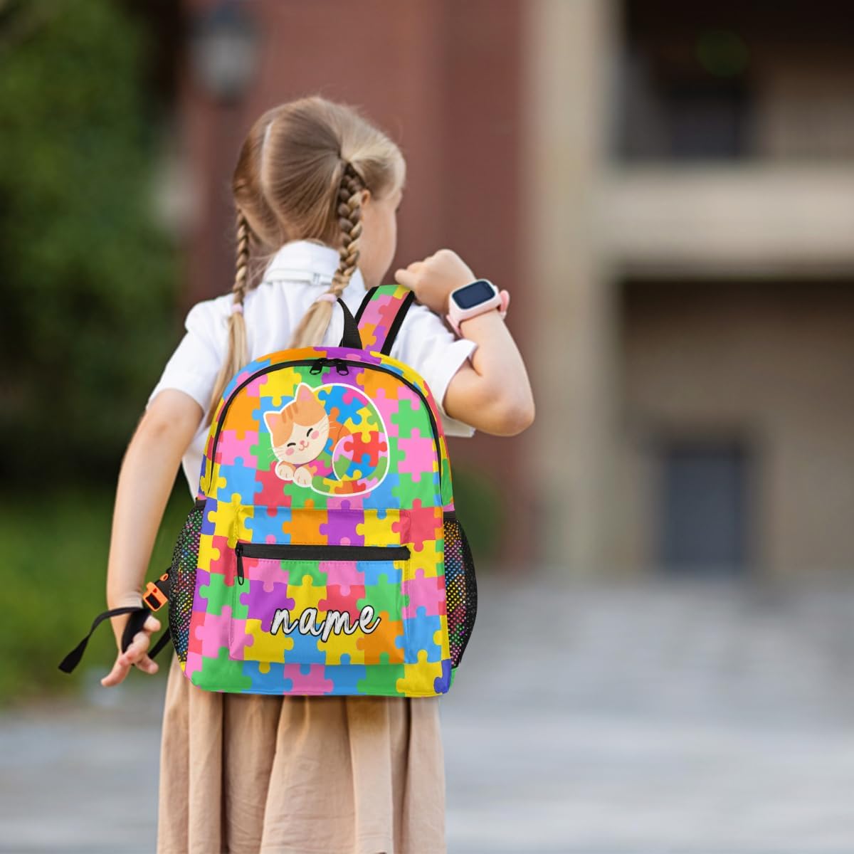 Custom Kids Backpack, Autism Awareness Personalized Name Backpack for Boys Girls, Waterproof Lightweight Toddler School Bag with Chest Strap 12 In (Animal Cat)