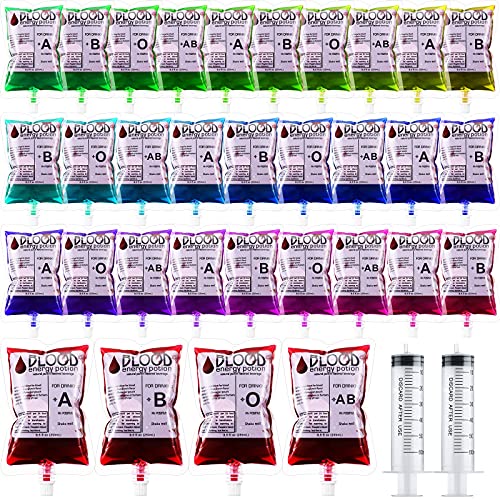 Nuenen 32 Pcs Blood Bags for Drinks 8.5 oz Anti-Leak Bags with Cap Ghost-Themed Party Drink Pouches Reusable for Nurse Graduation Party