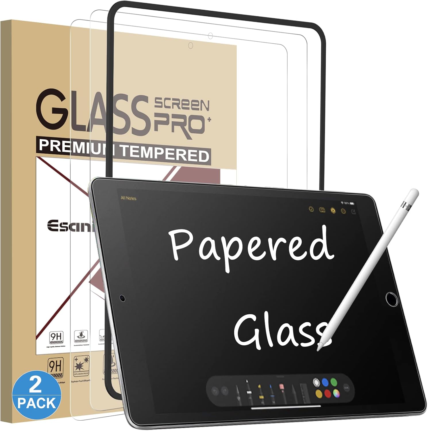 Esanik 2 Pack Like Paper Glass Screen Protector for iPad 9th/8th/7th