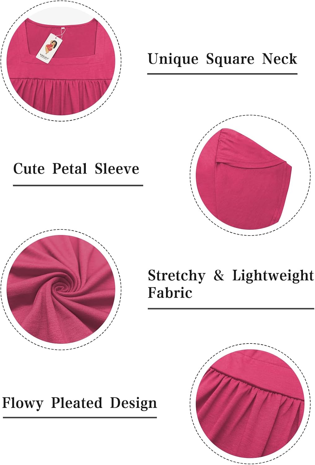 VISLILY Womens-Plus-Size-Summer-Tops Petal Short Sleeve T Shirts Square Neck Blouses Flowy Pleated Tunics XL-5XL - Image 3