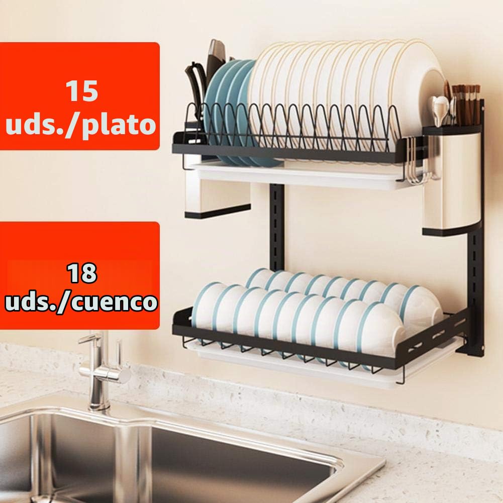 Escurreplatos 2/3 Estantes, Escurridor de Acero Inoxidable, Estante para Platos Escurridor de Cocina, Palillos, Cuchillos, Soporte para Tabla de Cortar, Estante de Pared Caja de Almacenamiento | Estante para Platos Escurridor de Cocina, Palillos, Cuchillo
