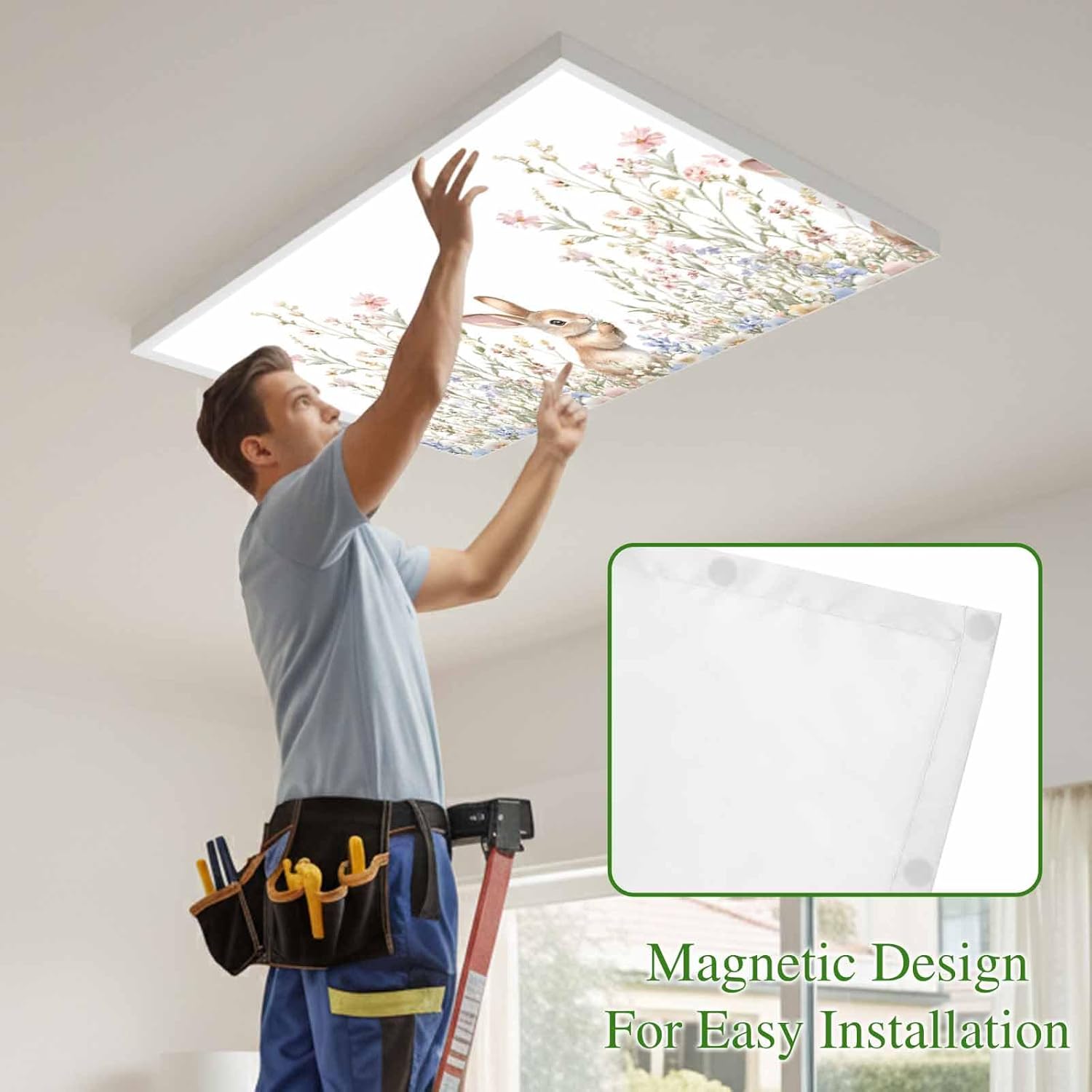 2x4 ft Fluorescent Light Cover for Ceiling Garden Floral Easter Bunny Magnetic Light Filters, Colorful Flower Spring Plant Ceiling Lampshades for Home School Office 4Pcs