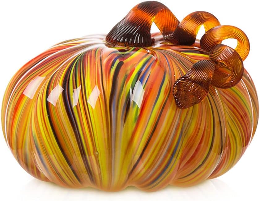 glitzhome Hand Blown Rainbow Striped Glass Pumpkin Table Accent for Fall & Harvest Thanksgiving Decorating(6.5 Inch)