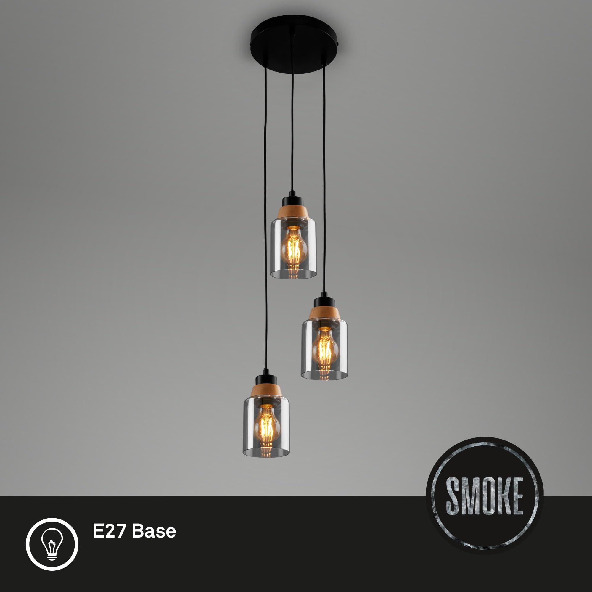 BRILONER – 3-flammige Pendelleuchte, Rauchglas, Deckenlampe, Deckenleuchte, Lampe, Wohnzimmerlampe, Lampenschirm aus Rauchglas, Hängelampe, Kronleuchter, Schlafzimmerlampe, Schwarz-Holz