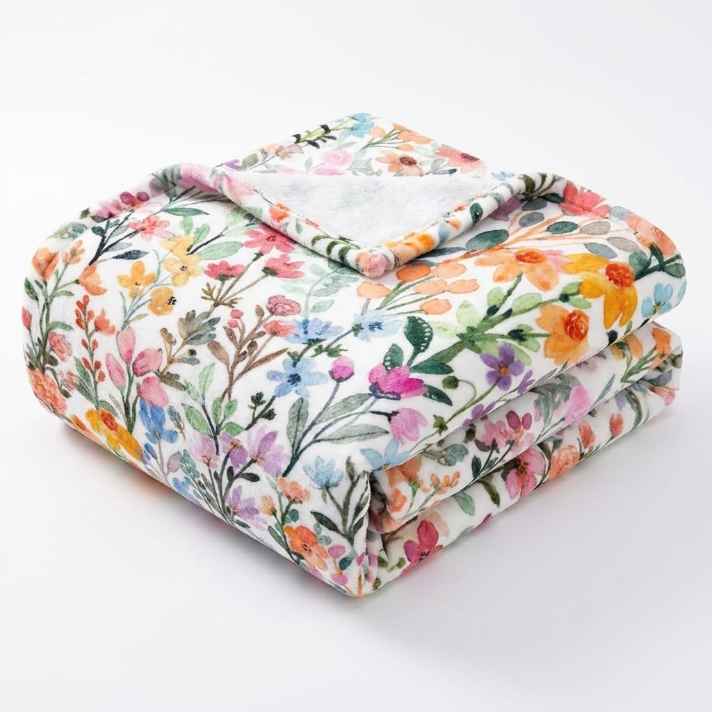 Whaline Floral Fuzzy Blanket Spring Wildflower Throw Blanket Watercolor Colorful Flower Soft Cozy Flannel Blankets for Spring Summer Home Bed Sofa Couch Chair, 50 x 60 Inch