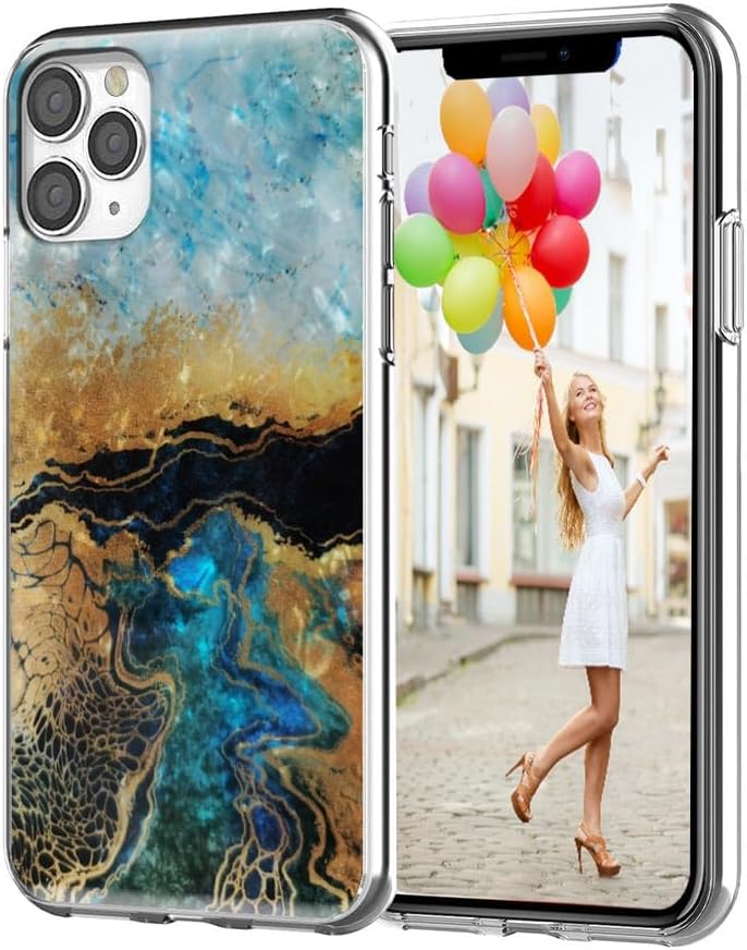 for iPhone 12/12 Pro Case, Slim Soft TPU Full Protective Clear Phone Cover with Art Design, Glitter Sparkle Shiny Pearl Luster Blue Gold Marble - Image 4