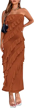 BTFBM Women Summer Elegant Strapless Midi Ruched Bodycon Dress Solid Color Stretch Mesh Slim Party Cocktail Dresses