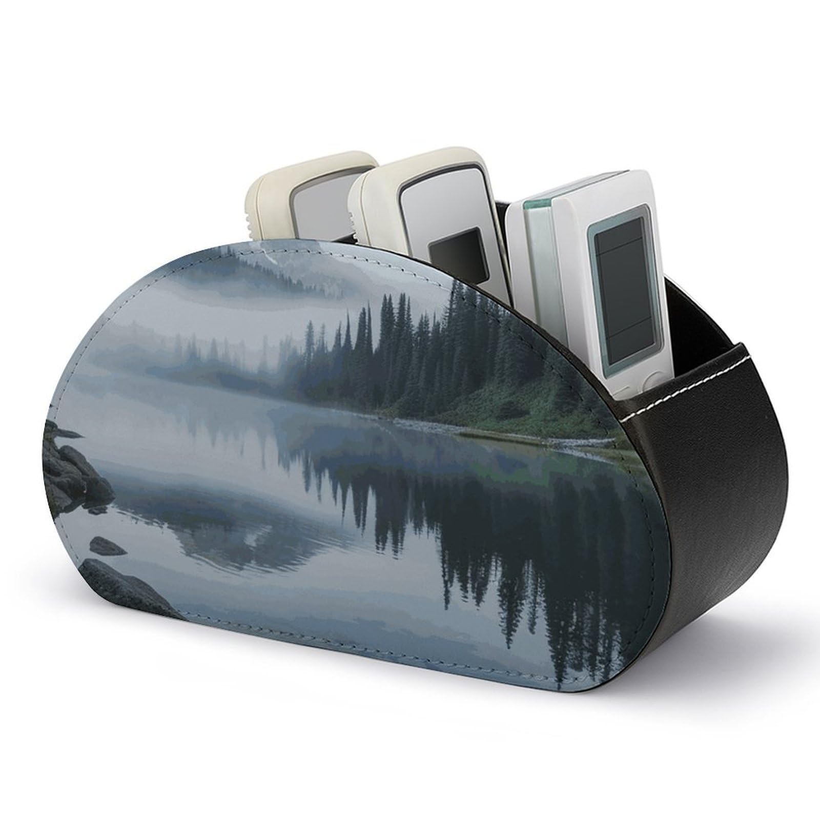 JTREHY Foggy Lake by Mount Rainier Remote Control Holder with 5 Compartments Pu Leather Remote Caddy Box Multi-functional Deskt Holders Organizer Box Tray Bedside Table Storage Organizer